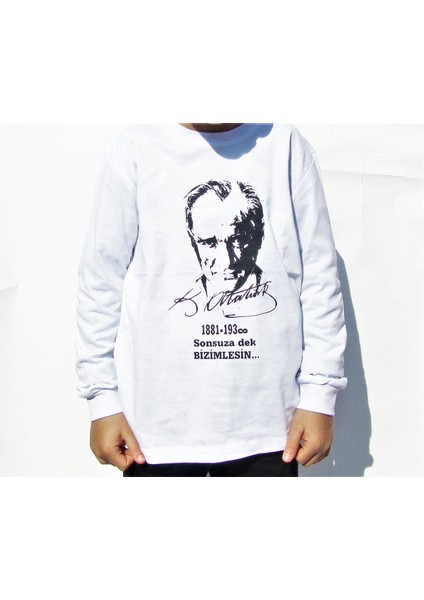 Uzun Kollu Beyaz Atatürk Tişört Ünisex Model 9-10 Yaş