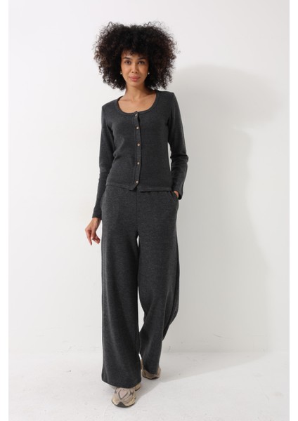 Antrasit Yuvarlak Yaka Selanik Kumaş Düğmeli Kadın Hırka - 2442 fiyatları