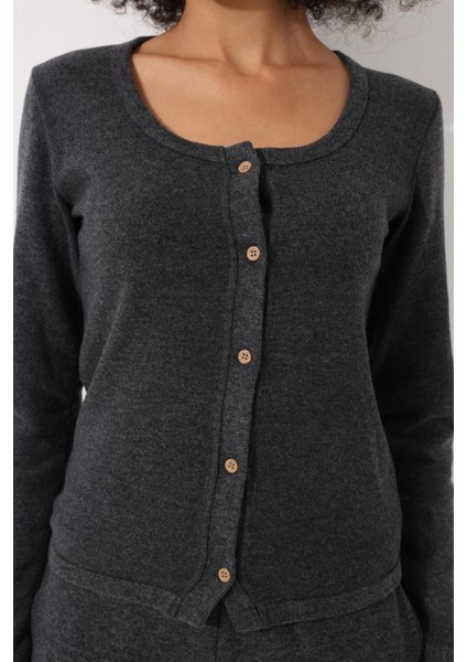 Antrasit Yuvarlak Yaka Selanik Kumaş Düğmeli Kadın Hırka - 2442 modelleri