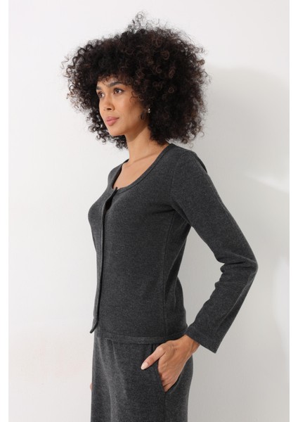 Antrasit Yuvarlak Yaka Selanik Kumaş Düğmeli Kadın Hırka - 2442 indirimleri