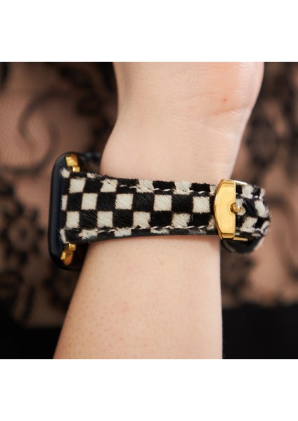 Apple Watch Uyumlu Kadın Deri Kordon 38mm 40mm 41mm Seri 4 5 6 7 8 9 Se 10 Siyah Beyaz Dama Desenli Deri Kordon Kadınlara Özel Deri Apple Watch Kordonu