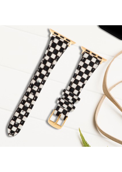 Apple Watch Uyumlu Kadın Deri Kordon 38mm 40mm 41mm Seri 4 5 6 7 8 9 Se 10 Siyah Beyaz Dama Desenli Deri Kordon Kadınlara Özel Deri Apple Watch Kordonu modelleri