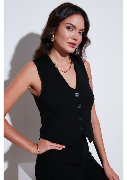 Streç Fitted Fit V Yaka Düğmeli Yelek Bayan Yelek 5865971
