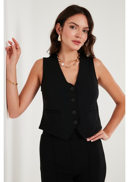 Streç Fitted Fit V Yaka Düğmeli Yelek Bayan Yelek 5865971 modelleri