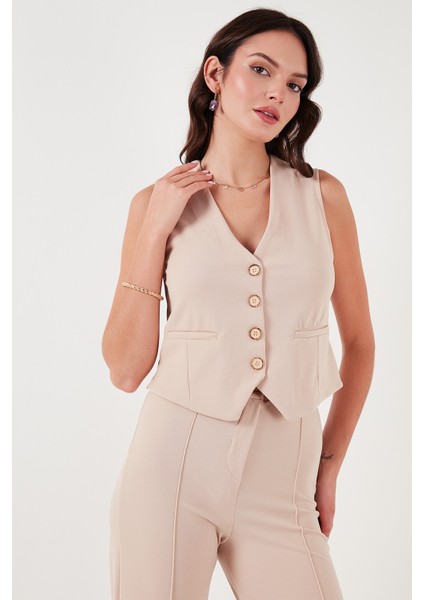 Streç Fitted Fit V Yaka Düğmeli Yelek Bayan Yelek 5865971 modelleri