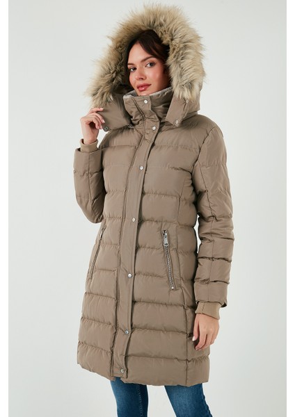 Regular Fit Çıkarılabilir Kapüşonlu Fermuarlı Cepli Şişme Mont Bayan Mont 497EMİLY fırsatları