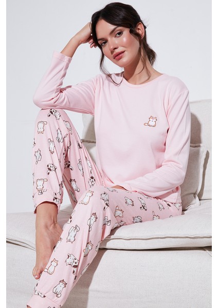 Streç Regular Fit Beli Lastikli Bisiklet Yaka Pijama Takımı Kadın Pijama Takımı 65714101