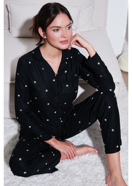 Streç Regular Fit Apaş Yaka Beli Lastikli Pijama Takımı Kadın Pijama Takımı 65720501