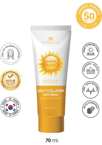 Lekeli Ciltler İçin Spf 50 Yüksek Koruyucu Kolajen İçeren Günlük Güneş Kremi 70 ml