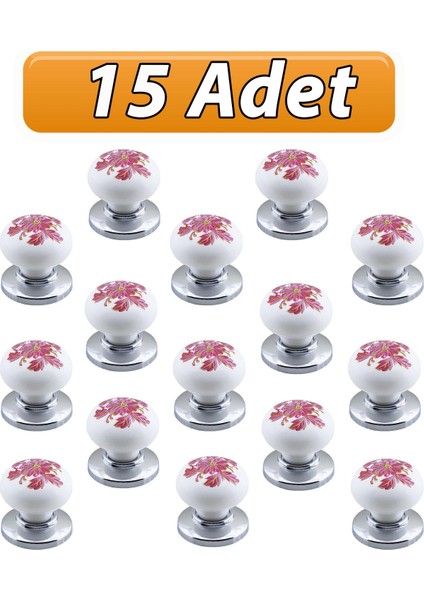 15 Adet Pembe Beyaz Ortanca Çiçek Desenli Krom Tablalı Polimer Düğme Kulp Mobilya Mutfak Dolabı Çekmece Kulpları