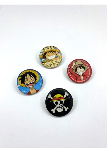 Anime One Piece Luffy Temalı 4'lü Parlak Baskılı Metal Rozet Seti