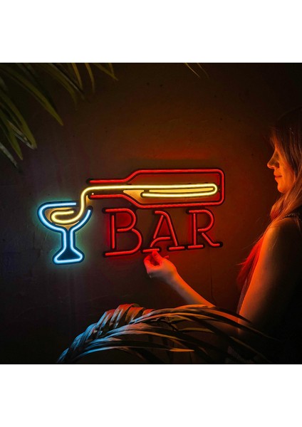 Bar Neon Duvar Tabelası | Modern ve Şık Metal Üzerine Neon Duvar Süsü | 58.5 cm x 26.6 cm