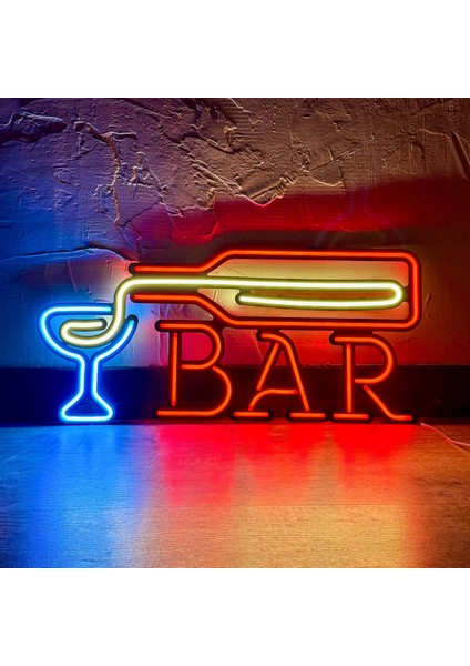 Bar Neon Duvar Tabelası | Modern ve Şık Metal Üzerine Neon Duvar Süsü | 58.5 cm x 26.6 cm