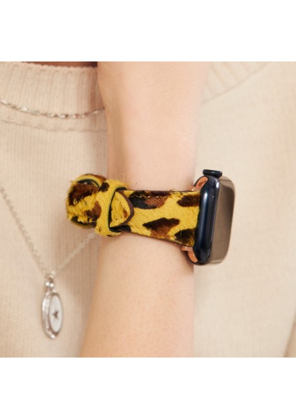 Apple Watch Uyumlu Kadın Deri Kordon 38mm 40mm 41mm Seri 4 5 6 7 8 9 Se 10 Sarı Leopar Desenli Deri Kordon Kadınlara Özel Deri Apple Watch Kordonu