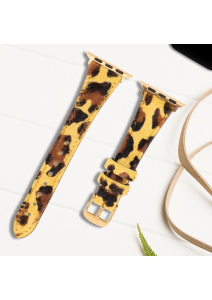 Apple Watch Uyumlu Kadın Deri Kordon 38mm 40mm 41mm Seri 4 5 6 7 8 9 Se 10 Sarı Leopar Desenli Deri Kordon Kadınlara Özel Deri Apple Watch Kordonu modelleri