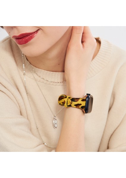 Apple Watch Uyumlu Kadın Deri Kordon 38mm 40mm 41mm Seri 4 5 6 7 8 9 Se 10 Sarı Leopar Desenli Deri Kordon Kadınlara Özel Deri Apple Watch Kordonu
