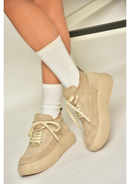 T811845302 Bej Süet Kalın Tabanlı Kadın Ayakkabı