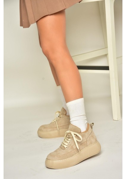 T811845302 Bej Süet Kalın Tabanlı Kadın Ayakkabı fiyatları