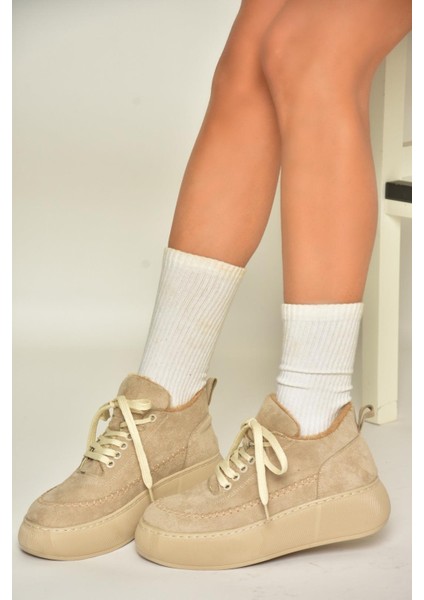 T811845302 Bej Süet Kalın Tabanlı Kadın Ayakkabı modelleri
