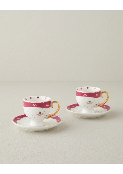 English Home Retro Flowery New Bone China 4 Parça 2 Kişilik Kahve Fincan Takımı 100 ml Beyaz - Bordo