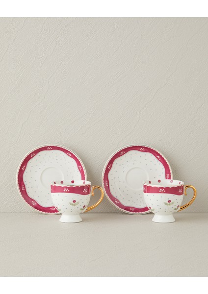 English Home Retro Flowery New Bone China 4 Parça 2 Kişilik Kahve Fincan Takımı 100 ml Beyaz - Bordo