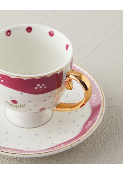 English Home Retro Flowery New Bone China 4 Parça 2 Kişilik Kahve Fincan Takımı 100 ml Beyaz - Bordo