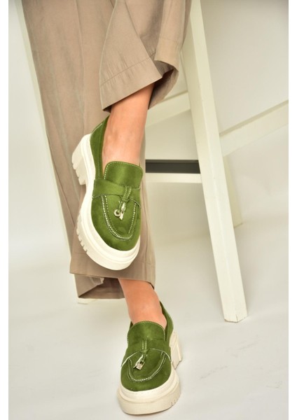 T294882202 Yeşil Süet Makosen Kadın Ayakkabı