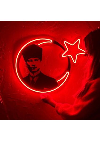 Atatürk Işıklı Neon Tablo | Modern Neon Led, Metal Üzerine Neon Duvar Tabelası (Süsü) | 48 cm x 50.7 cm