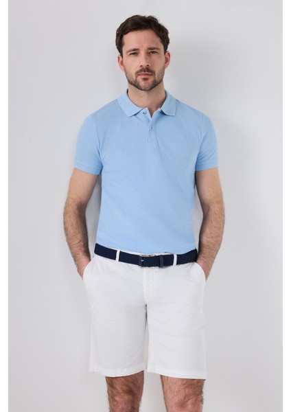 Regular Fit Açık Mavi Pike Dokulu %100 Pamuk Kıvrılmaz Polo Yaka Nakışlı T-shirt 4HC14ORT51000