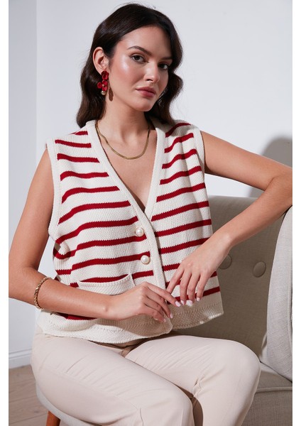 Çizgili Oversize Fit V Yaka Düğmeli Yelek Bayan Yelek 4616175