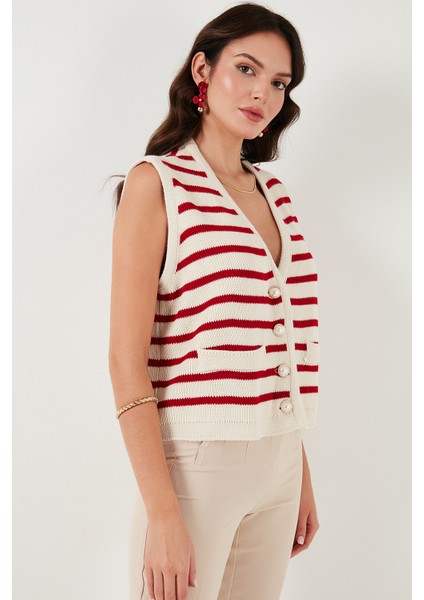 Çizgili Oversize Fit V Yaka Düğmeli Yelek Bayan Yelek 4616175