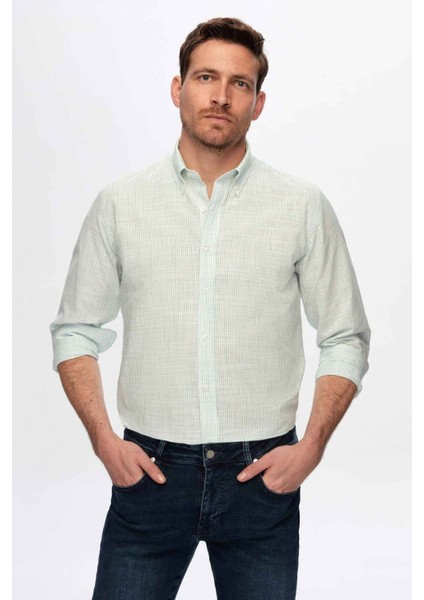 Slim Fit Yeşil Ince Çizgili Düğmeli Yaka %100 Pamuk Flamlı Yazlık Keten Görünümlü Gömlek 0HC02ORT07265