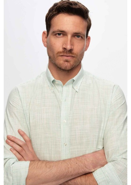 Slim Fit Yeşil Ince Çizgili Düğmeli Yaka %100 Pamuk Flamlı Yazlık Keten Görünümlü Gömlek 0HC02ORT07265 fiyatları