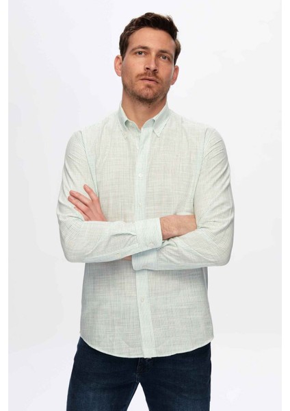 Slim Fit Yeşil Ince Çizgili Düğmeli Yaka %100 Pamuk Flamlı Yazlık Keten Görünümlü Gömlek 0HC02ORT07265 modelleri