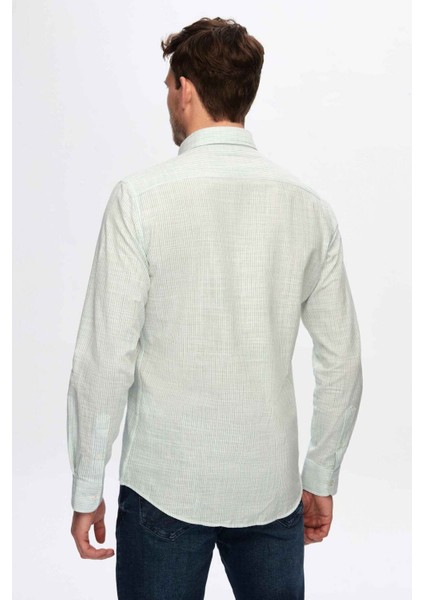 Slim Fit Yeşil Ince Çizgili Düğmeli Yaka %100 Pamuk Flamlı Yazlık Keten Görünümlü Gömlek 0HC02ORT07265 fırsatları