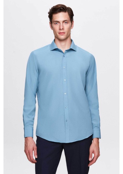 Slim Fit Petrol Italyan Yaka Dar Kesim Klasik Kravatlık Uzun Kollu Kolay Ütülenebilir Nefe 2HF02ORT5185