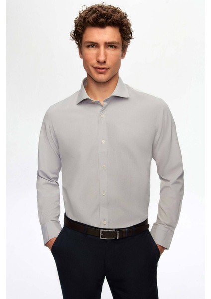 Slim Fit Gri Italyan Yaka Dar Kesim Klasik Kravatlık Uzun Kollu Kolay Ütülenebilir Nefes A 2HF02ORT5185