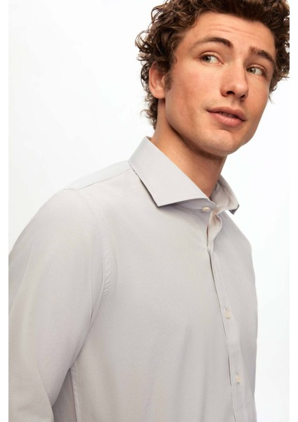 Slim Fit Gri Italyan Yaka Dar Kesim Klasik Kravatlık Uzun Kollu Kolay Ütülenebilir Nefes A 2HF02ORT5185