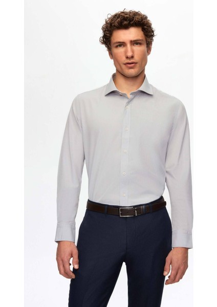 Slim Fit Gri Italyan Yaka Dar Kesim Klasik Kravatlık Uzun Kollu Kolay Ütülenebilir Nefes A 2HF02ORT5185