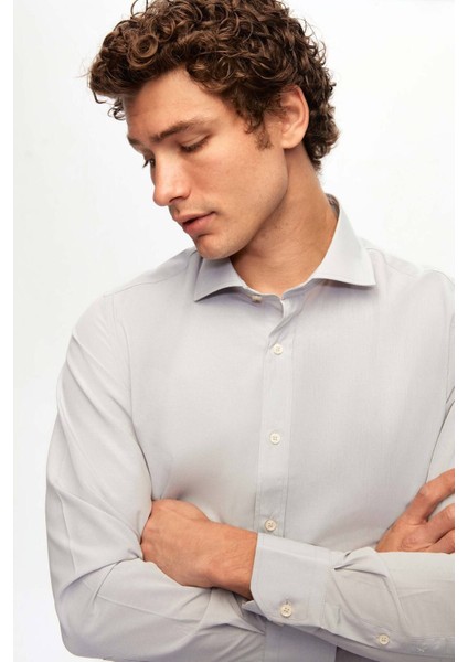 Slim Fit Gri Italyan Yaka Dar Kesim Klasik Kravatlık Uzun Kollu Kolay Ütülenebilir Nefes A 2HF02ORT5185