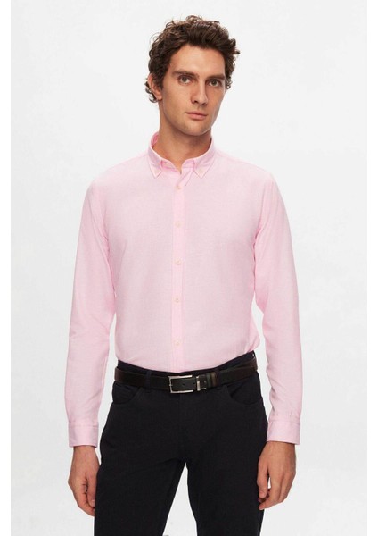 Slim Fit Pembe Armürlü Düğmeli Yaka Pamuklu Gömlek 5HC02ORT07265