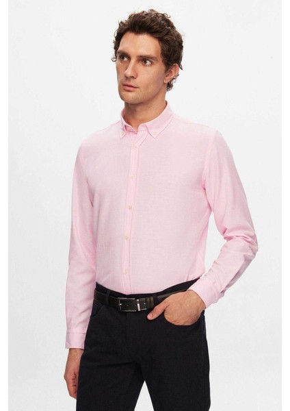 Slim Fit Pembe Armürlü Düğmeli Yaka Pamuklu Gömlek 5HC02ORT07265