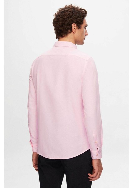 Slim Fit Pembe Armürlü Düğmeli Yaka Pamuklu Gömlek 5HC02ORT07265