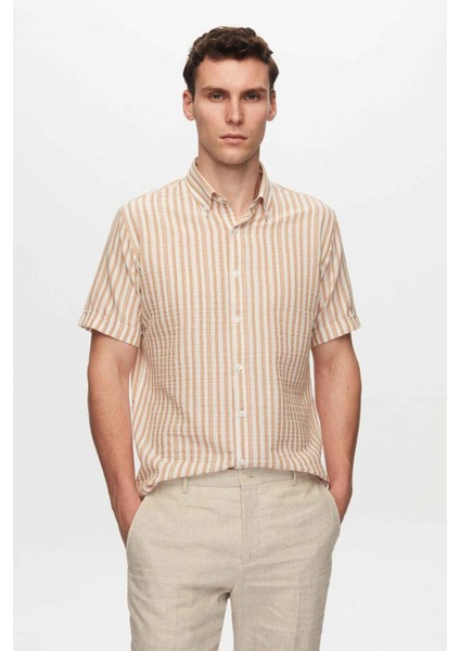 Slim Fit Bej Gofre Çizgili Kısa Kollu Yazlık Gömlek 8HC02ORT04265