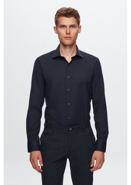 Slim Fit Lacivert Armürlü Gömlek 7HF02ORT02100