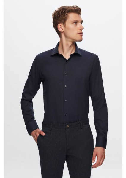 Slim Fit Lacivert Armürlü Gömlek 7HF02ORT02100