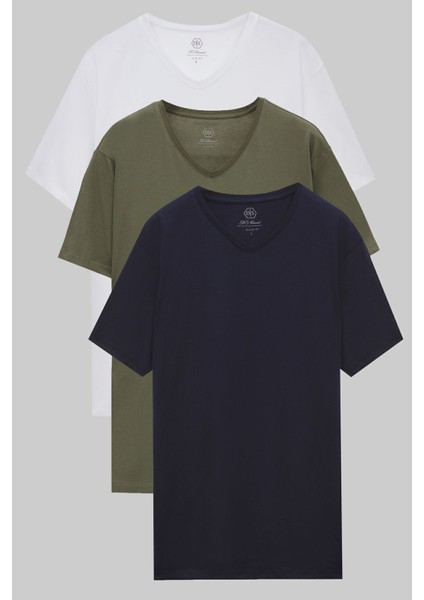 Ds Damat Slim Fit Beyaz/haki/lacivert 3'lü T-shirt 4HC14ORTBN55M