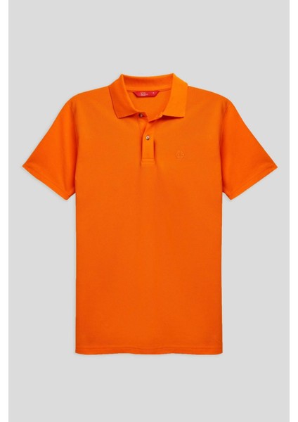 Regular Fit Turuncu Pike Dokulu %100 Pamuk Kıvrılmaz Polo Yaka Nakışlı T-shirt 4HC14ORT51000_T01