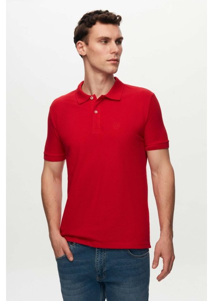 Regular Fit Kırmızı Pike Dokulu %100 Pamuk Kıvrılmaz Polo Yaka Nakışlı T-shirt 4HC14ORT51000