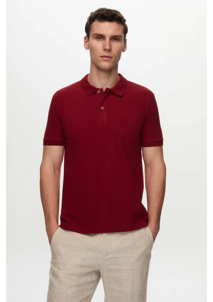 Regular Fit Bordo Pike Dokulu %100 Pamuk Kıvrılmaz Polo Yaka Nakışlı T-shirt 4HC14ORT51000